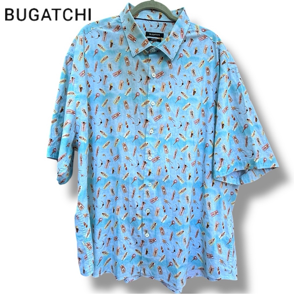 Bugatchi Men’s Shirt Novelty Print Sunbathers Beach Button-Up Short Sleeve | 3XL